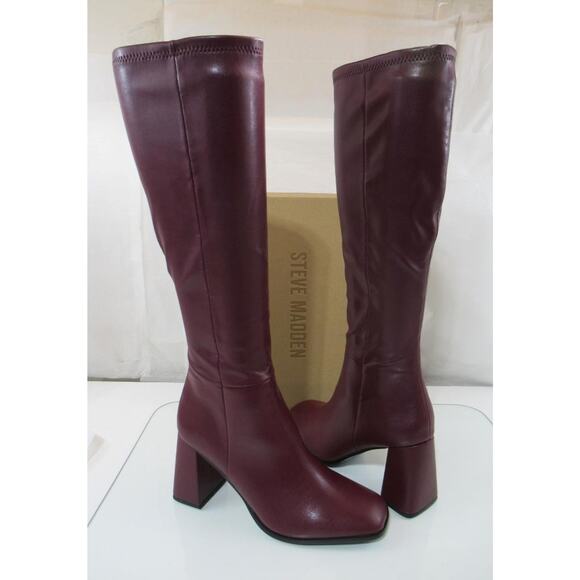 Steve Madden Livah Size 8.5 Knee High Block Heel Dress Boots Zip Burgundy - Picture 6 of 8